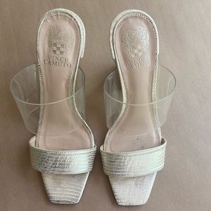Vince Camuto Felima Two-Strap Sandal. Pale gold and clear block heels.